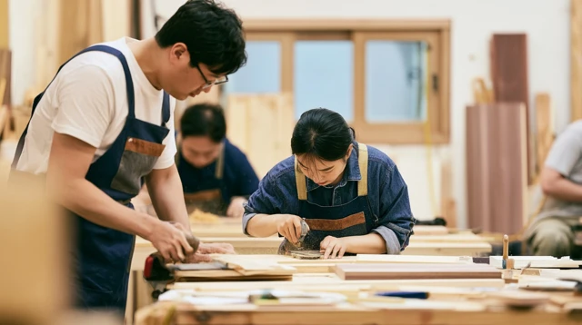 밝은 공방에서 목재를 다듬는 참가자들