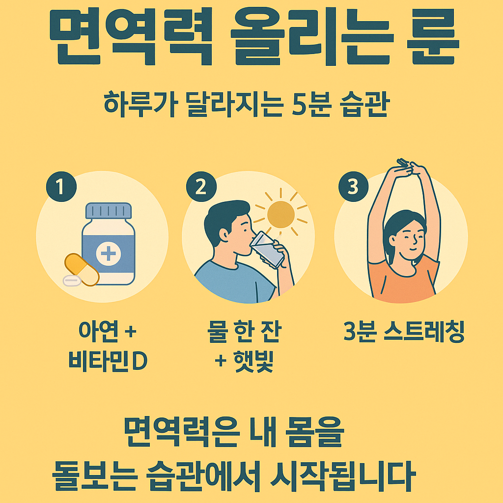 아침에 면역력을 높이는 루틴을 주제로 한 한국어 인포그래픽으로, 비타민D와 아연 섭취, 스트레칭, 물 마시기 등 건강 루틴 요소가 포함된 플랫 스타일 일러스트