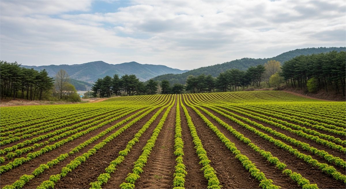 일정 간격으로 심긴 두릅나무 묘목 줄 전경