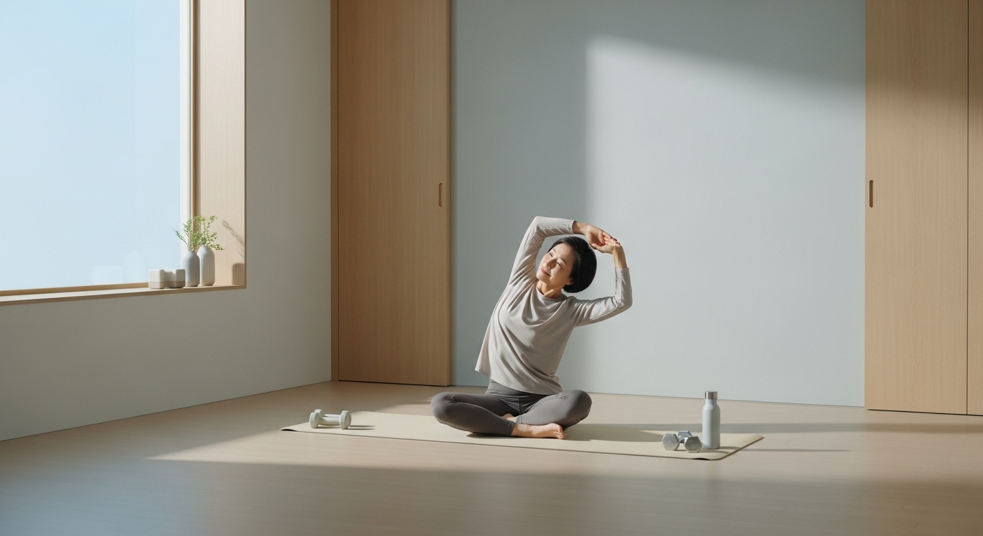 집에서 어깨 롤링 스트레칭 중인 50대 한국인 여성