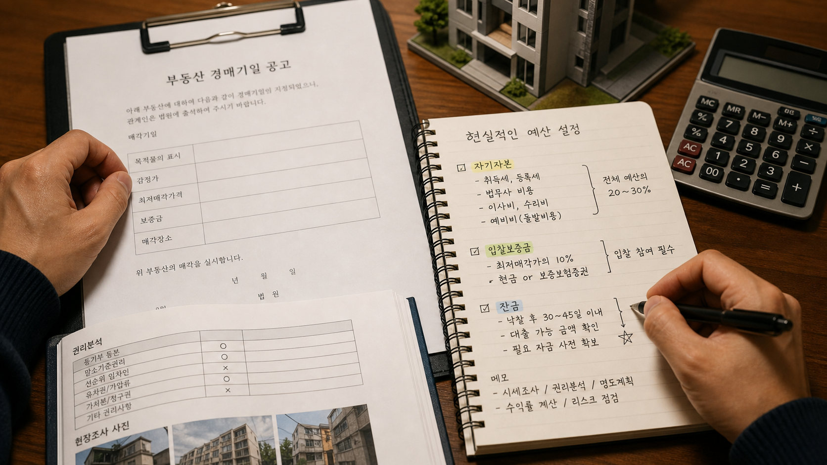자기자본와 입찰보증금를 법원 서류에서 확인하는 모습