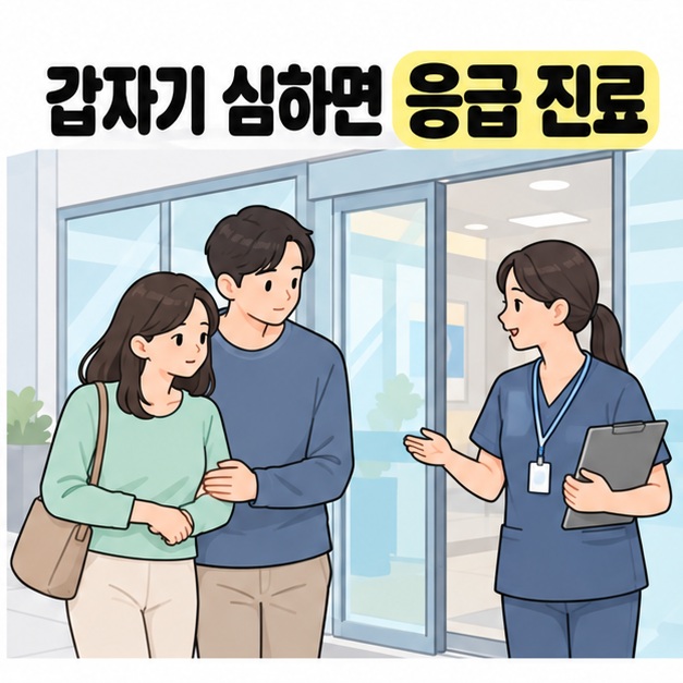 갑자기 심하면 응급 진료라는 문구 아래 동행인과 병원에 온 여성을 의료진이 맞이하는 모습