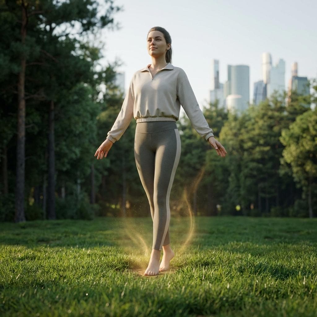 아침 햇살 아래 푸른 잔디밭에서 맨발로 서서 자연의 에너지를 느끼고 있는 지적인 젊은 여성, 어싱 효과 썸네일