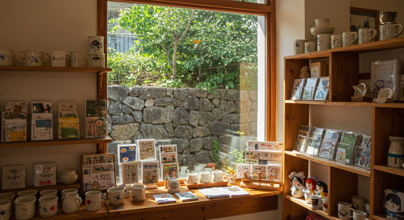 햇살이 비치는 제주 감성 소품샵 내부에 진열된 아기자기한 기념품들