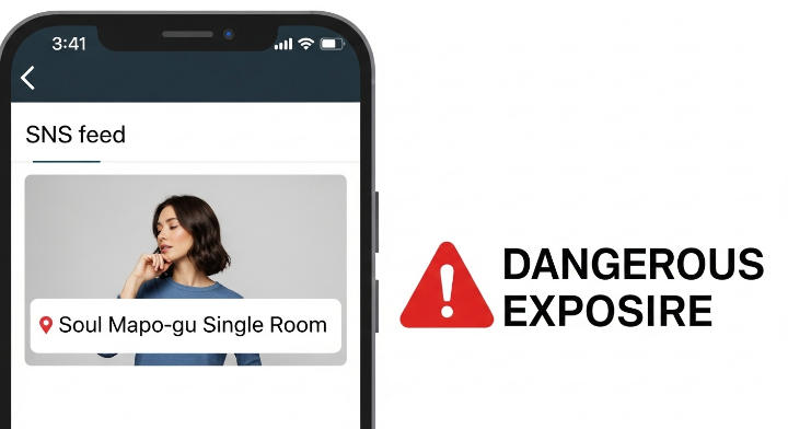 휴대폰 화면에 SNS 피드가 열려 있고, 글 아래 위치 태그로 '서울 마포구 자취방' 노출