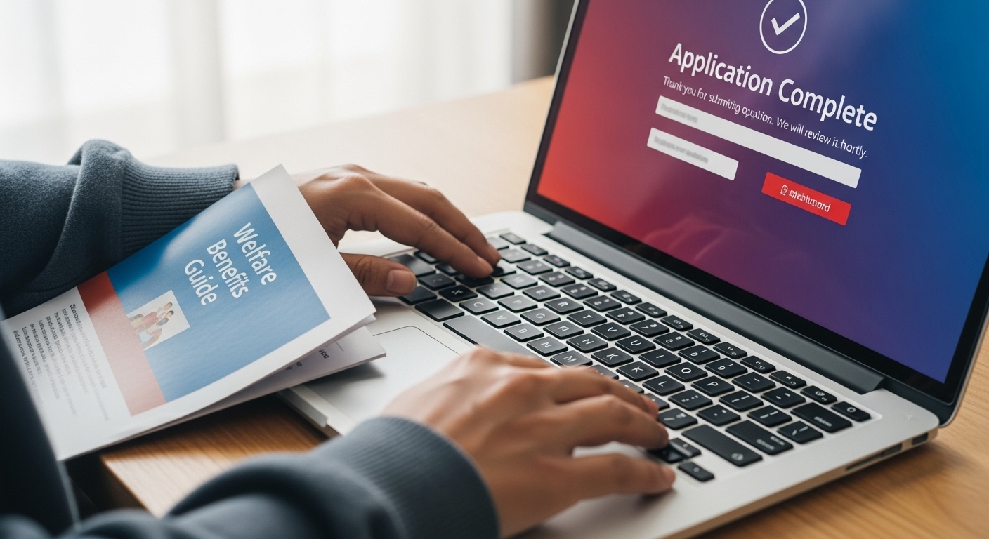 민센터 또는 복지로 홈페이지를 통해 복지 신청을 하는 사람의 모습. 손에는 '복지 혜택 안내서'가 들려 있음
