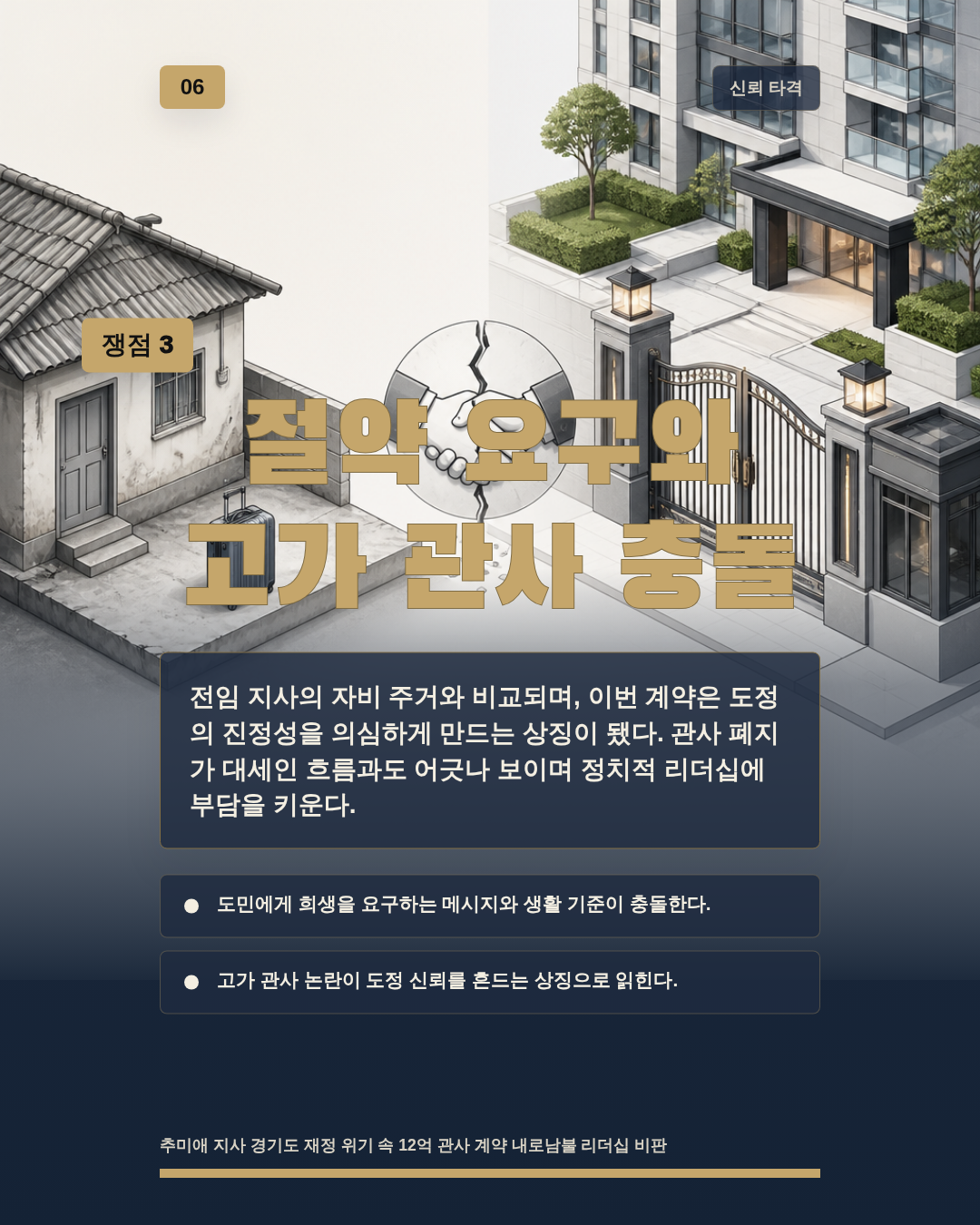 절약 요구와 고가 관사 충돌