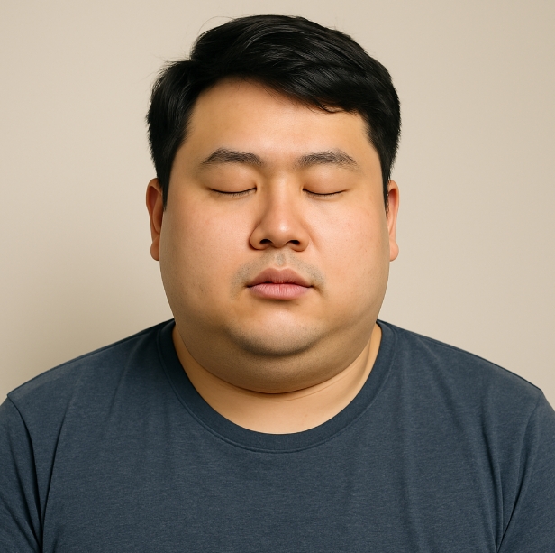 눈을 감고 있는 남성의 클로즈업 이미지. 둥근 얼굴형과 목 주변의 살이 도드라져 보이는 모습으로, 비만 상태임을 나타내고 있다.