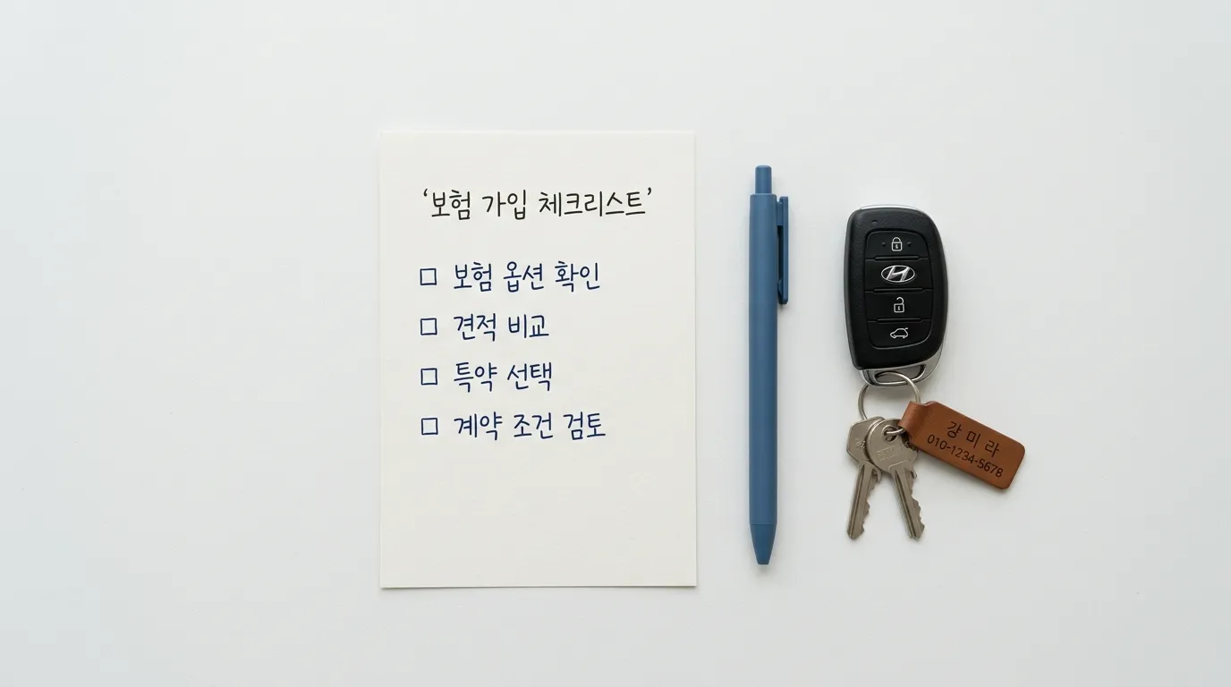 체크리스트 용지 위에 펜과 자동차 열쇠가 놓인 화이트 데스크