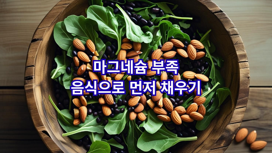 시금치·아몬드·검은콩을 알파벳 Mg 모양으로 배치해 음식으로 먼저 채우자는 메시지를 전달하는 위에서 내려다본 사진