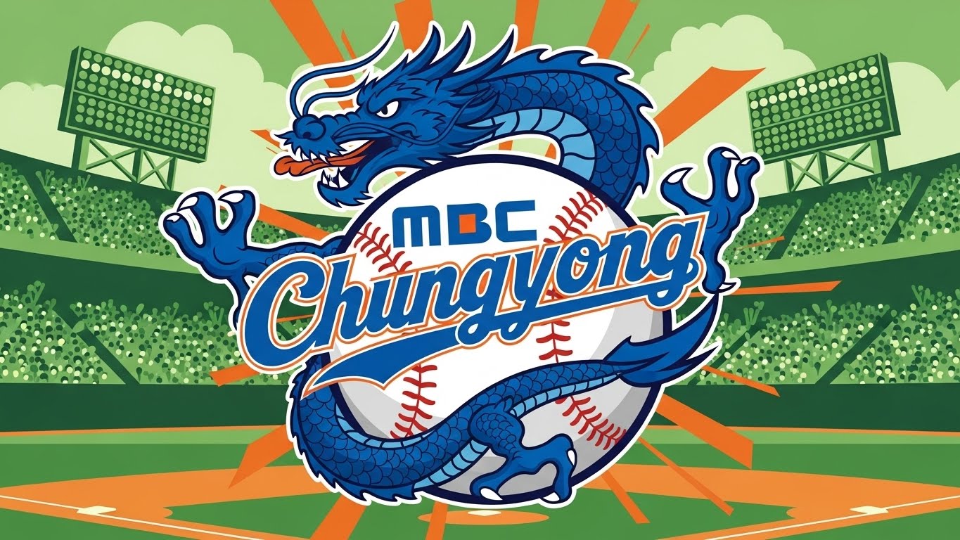푸른 용과 야구공이 역동적으로 어우러진 MBC 청룡의 레트로 스타일 엠블럼 디자인. 1980년대 프로야구의 향수를 자극하는 활기찬 이미지.