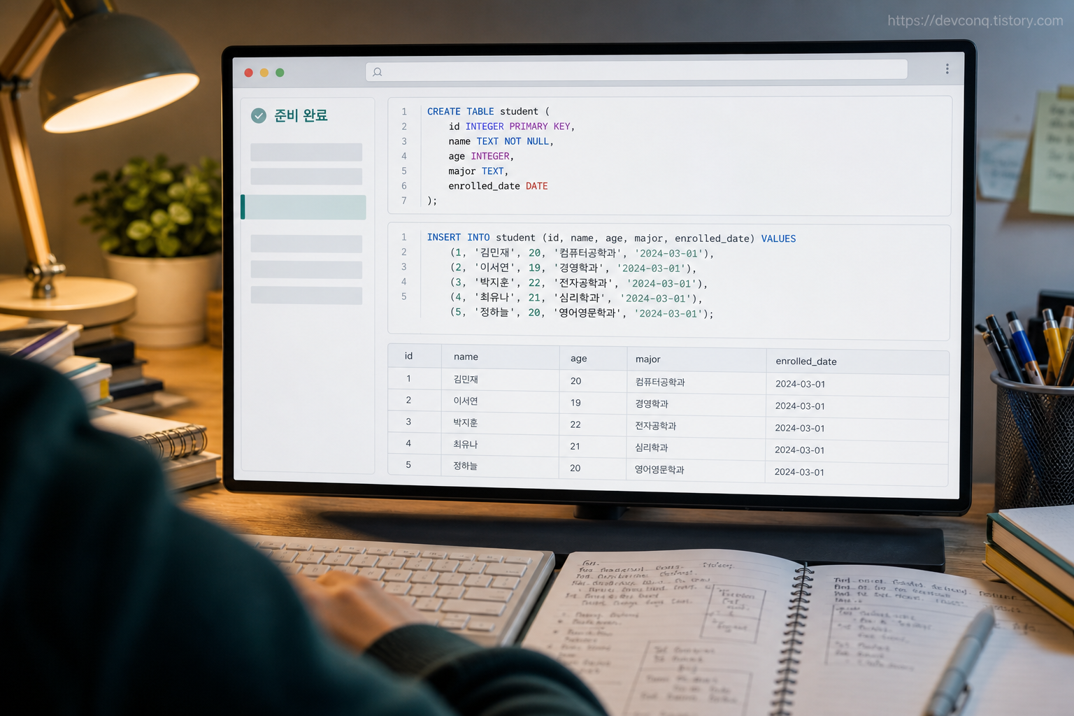브라우저 SQL 편집기에 students 테이블 생성 코드를 입력한 화면