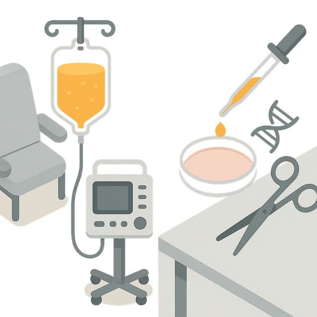 화면의 왼쪽에는 병동에서 주입되는 조혈모세포 백과 IV 폼프, 오른쪽에는 페트리 접시와 피펫, 유전자 가위 아이콘이 얹힌 실험대, 깨끗한 의료 인포그래픽