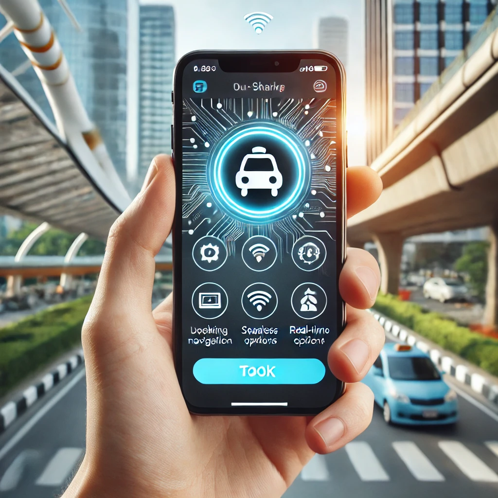 사용자 친화적인 차량 공유 앱 인터페이스가 표시된 스마트폰 화면 클로즈업. 직관적인 내비게이션, 간편한 예약 옵션, 실시간 차량 추적 기능이 포함된 현대적인 도시 배경