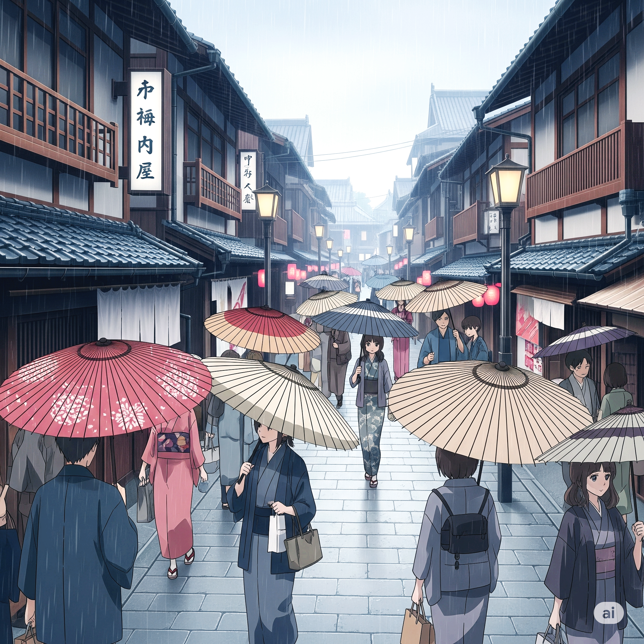 비 오는 일본의 옛 거리