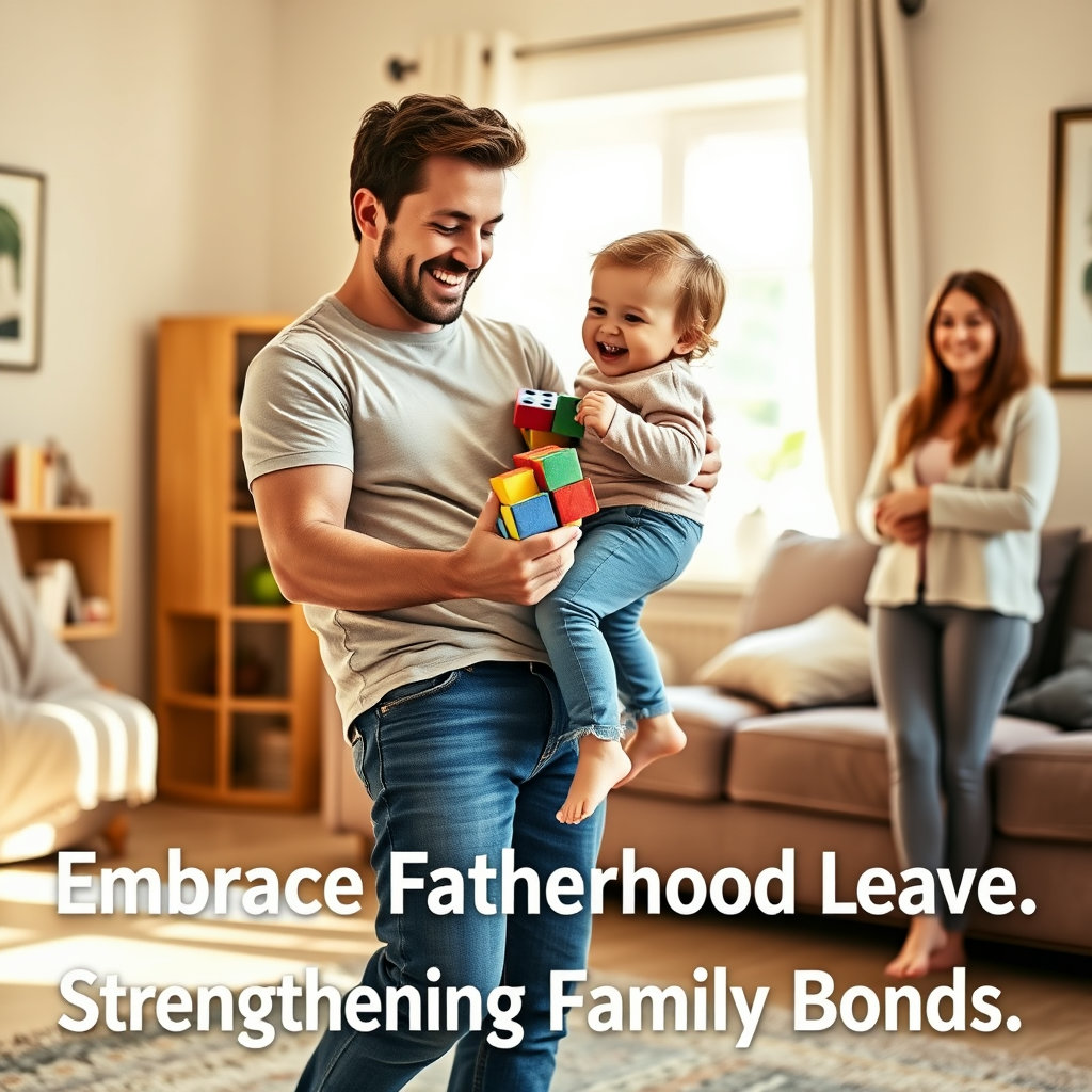 아빠가 아이를 안고 있거나 함께 놀아주는 모습과 엄마가 그 모습을 흐뭇하게 바라보는 모습을 함께 담습니다. '아빠 육아휴직' 관련 문구나 제도의 이점을 짧게 추가하여, 부모 공동 육아의 중요성과 혜택을 강조합니다.