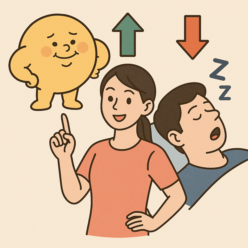 햇살처럼-둥글고-건강한-캐릭터와-자신감-있게-손을-든-한국인-여성이-중앙에-서있고-그-옆에는-입을-벌리고-자는-남성이-누워있는-모습이-표현되어-있으며-여성-머리-위에는-초록색-상승-화살표-남성-머리-위에는-빨간색-하강-화살표와-Z자-기호가-떠있는-체중-감량과-코골이-완화의-연관성을-상징적으로-표현한-일러스트