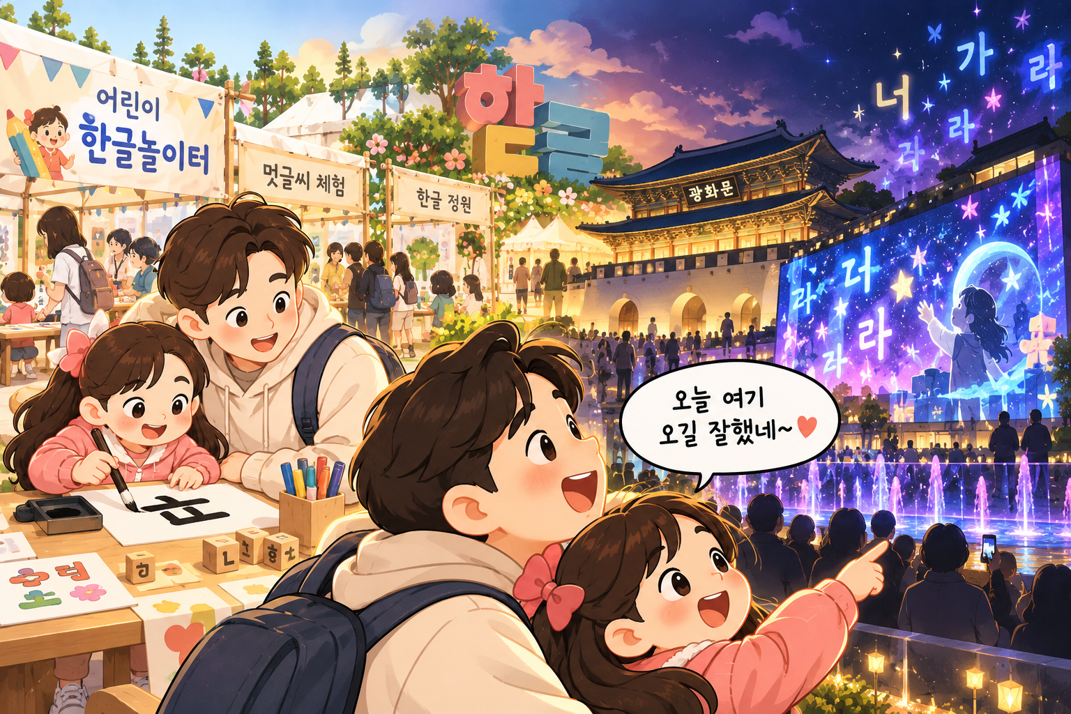 낮에는 한글 체험을 즐기고 저녁에는 광화문 외벽영상을 바라보며 가족 나들이를 즐기는 아빠와 딸의 웹툰 이미지