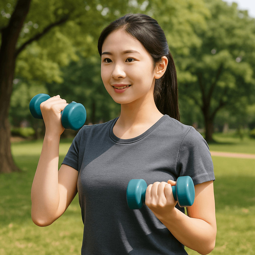야외 공원에서 아령을 들고 운동하는 젊은 한국 여성