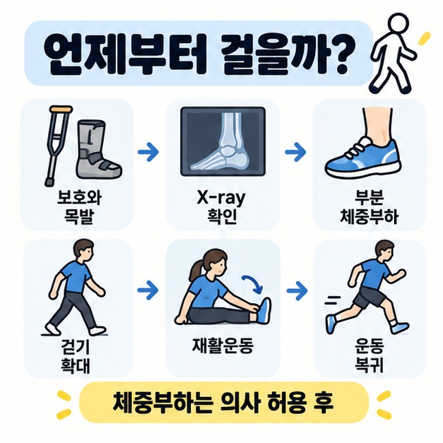 발목 골절 후 X-ray 확인, 부분 체중부하, 걷기, 재활운동, 스포츠 복귀 순서를 단계적으로 정리한 카드