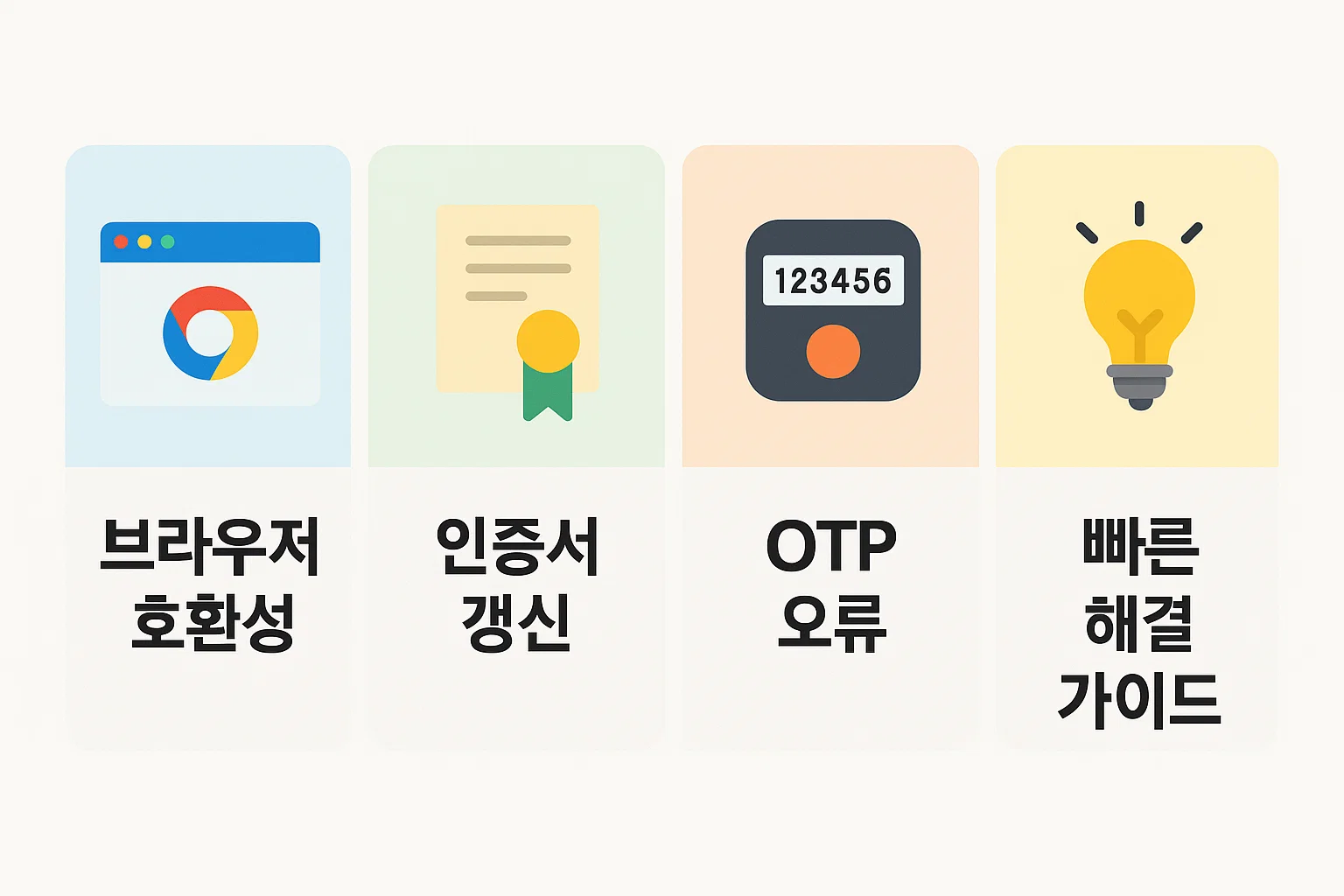 인증서 갱신 실패, 브라우저 호환성 문제, OTP 오류 등 기업인터넷뱅킹 이용 중 발생하는 인증 관련 오류를 해결하기 위한 단계별 안내 인포그래픽. Chrome&middot;Edge 최신 환경 기준으로 제작된 실용 자료.