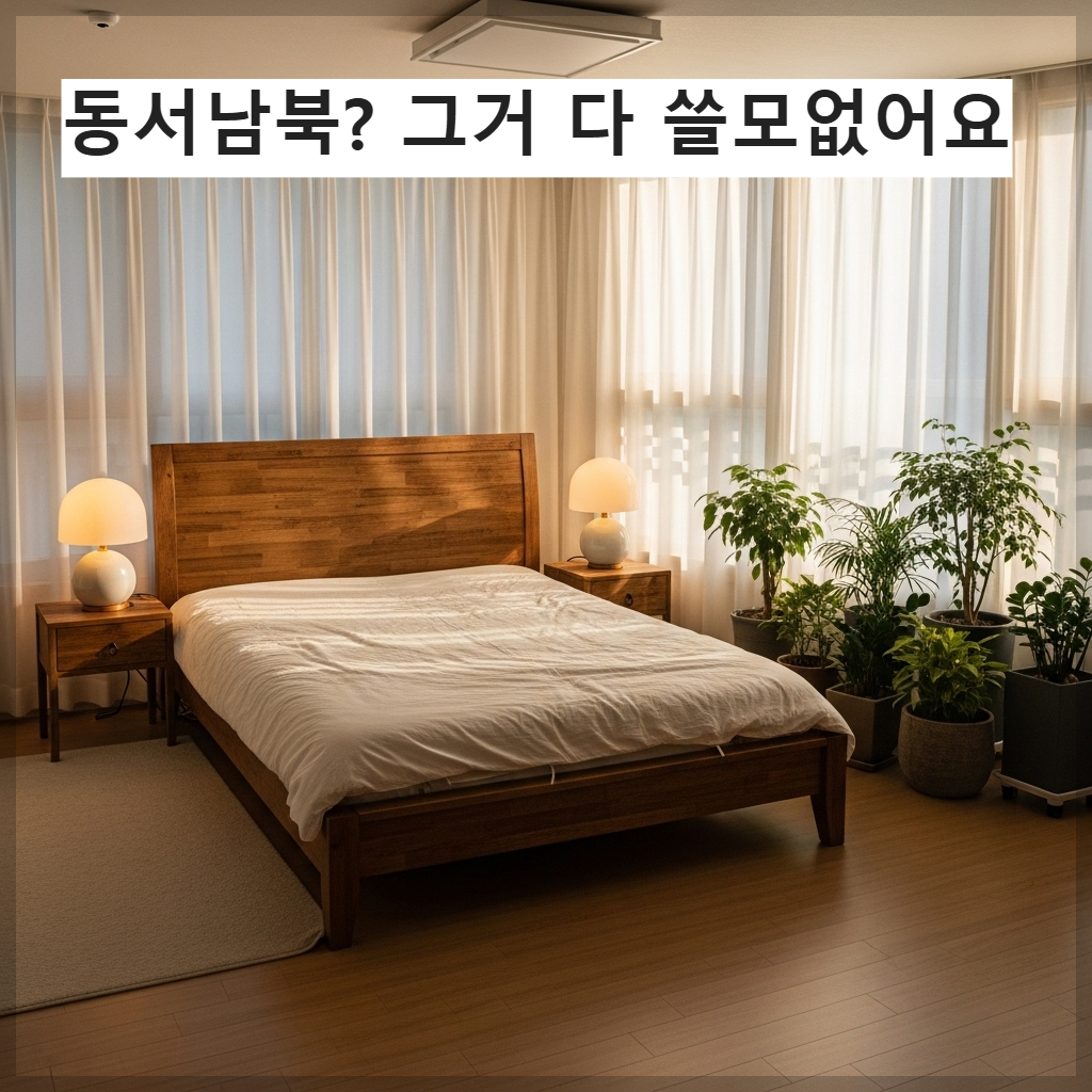 안정적인 원목 침대가 방문 대각선 방향에 배치되어 있고 따뜻한 햇살이 비치는 한국 아파트 침실 인테리어