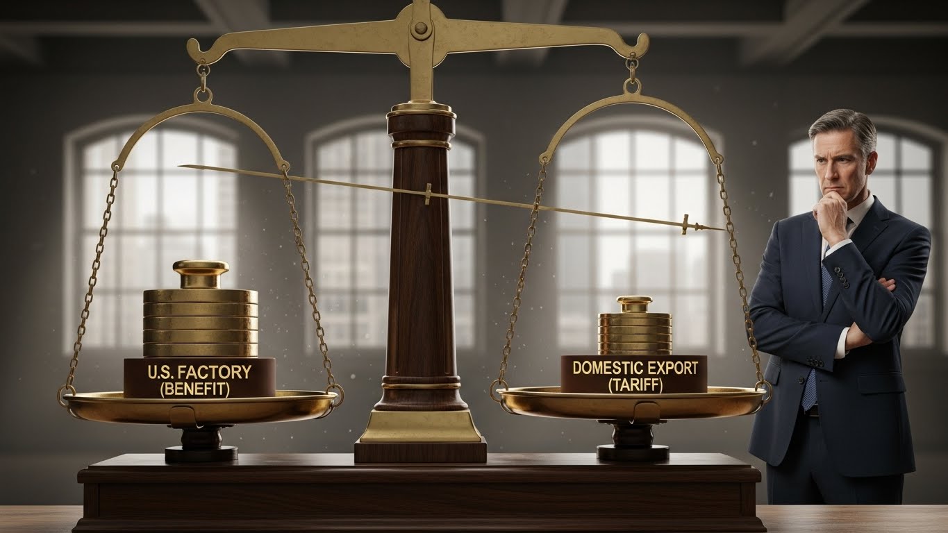 A large balance scale with 'US Factory (Benefit)' on one side and 'Domestic Export (Tariff)' on the other. A businessman looking contemplated as the scale balances tightly or tips slightly.