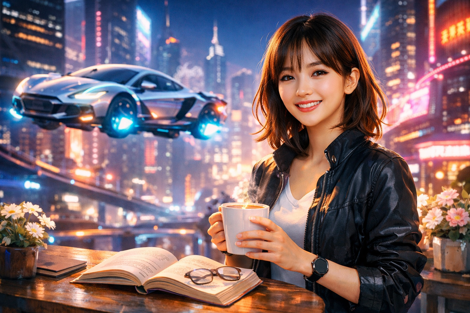 3D-rendered image of a 22-year-old woman in a futuristic city with flying car hovering in the background and neon lights