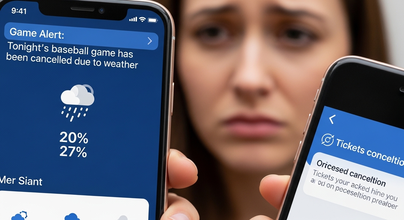 우천 취소된 야구 경기의 스마트폰 알림과 티켓 환불 안내가 보이는 화면