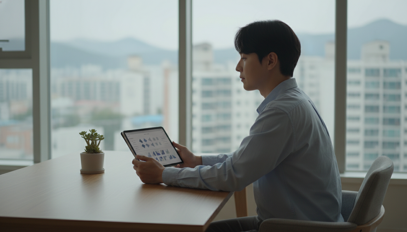 현대적인 한국 아파트에서 태블릿으로 심리 테스트를 하며 깊은 생각에 잠긴 한국인 남성.