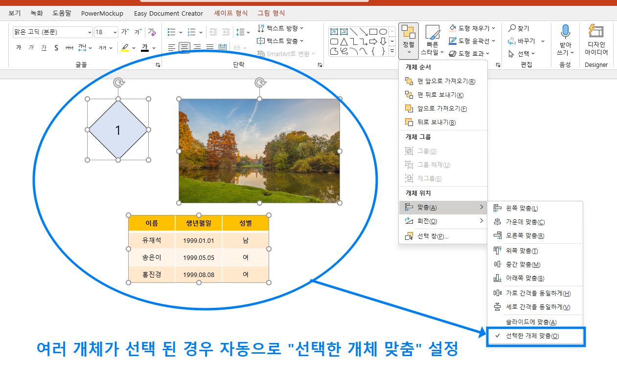 "선택한 개체 맞춤" : 선택한 개체들의 각각의 기준에 맞춰 정렬함