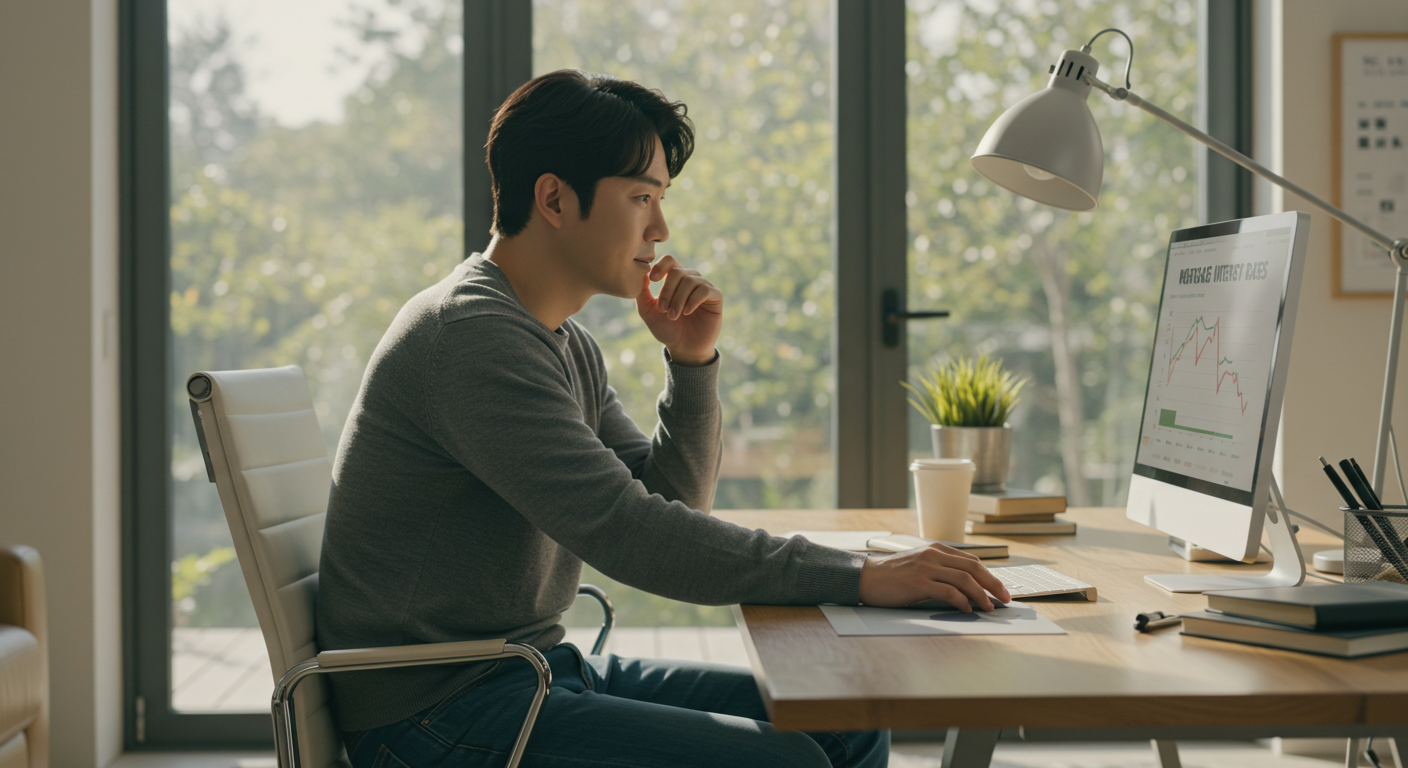 한 남성이 컴퓨터 화면에서 주택담보대출 금리 하락을 확인하며 갈아타기를 고려하는 모습.
