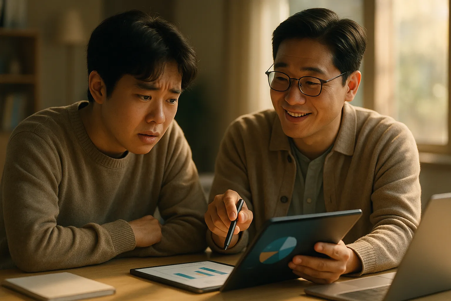 경계선 지능을 가진 동료를 위해 천천히, 그리고 시각 자료를 이용해 설명해주는 모습