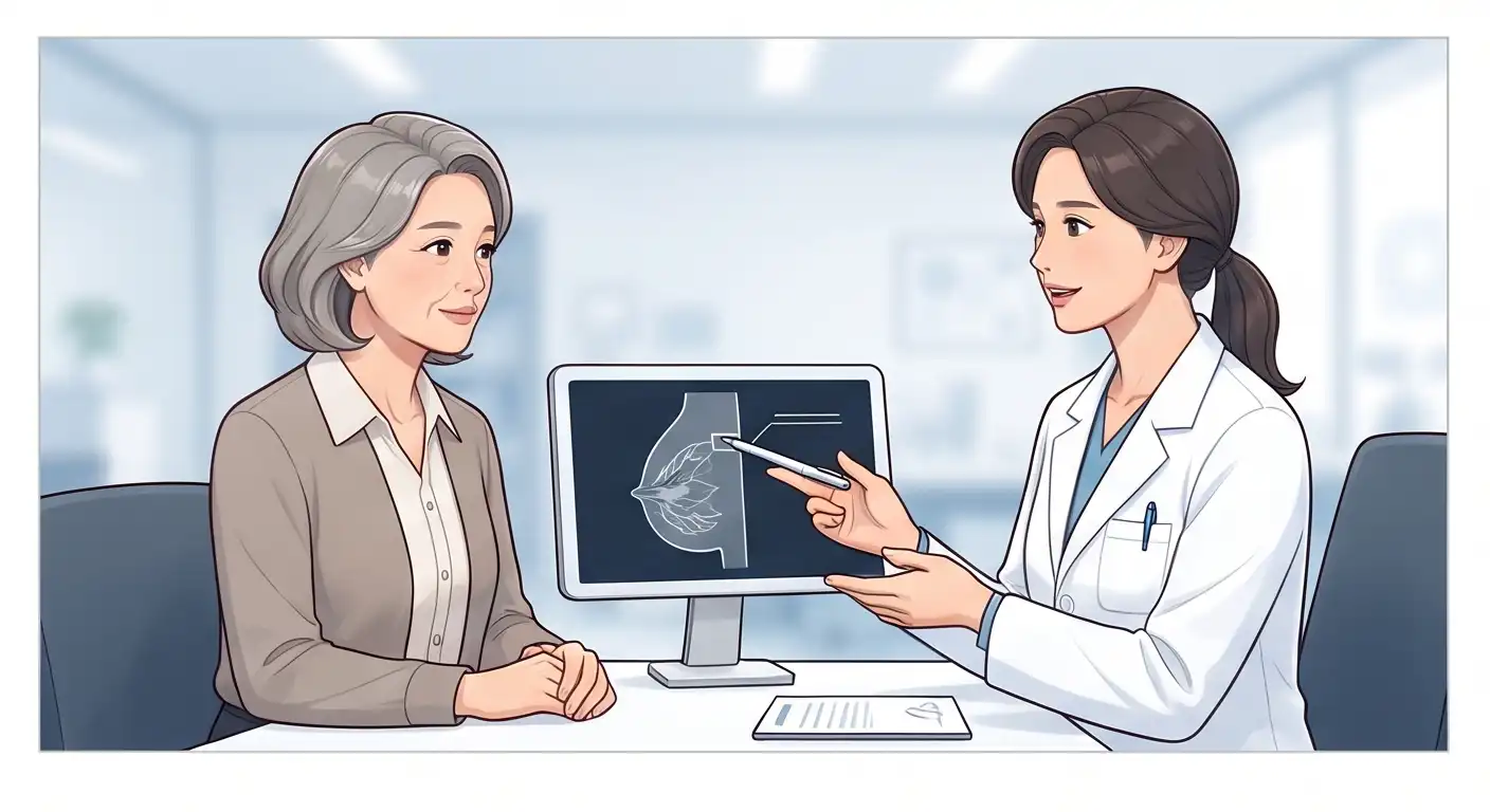 의사가 진료실에서 모니터의 유방 촬영 결과 영상을 중년 여성 환자에게 설명하는 모습