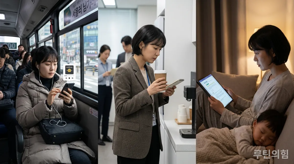 출퇴근길, 점심시간, 취침 전 등 자투리 시간을 활용해 공부하는 한국인 워킹맘의 모습