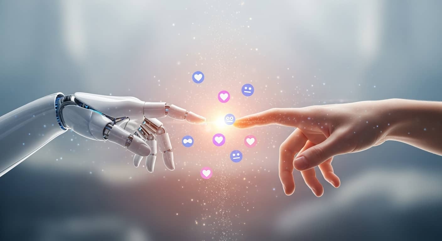 인공지능 로봇 손과 인간의 손이 맞닿으며 감정 아이콘이 떠오르는 장면. AI가 인간의 감정을 이해하고 교감하는 ‘페이스테크’ 시대를 상징적으로 표현한 이미지. 기술과 인간의 감정이 연결되는 모습을 시각화함.