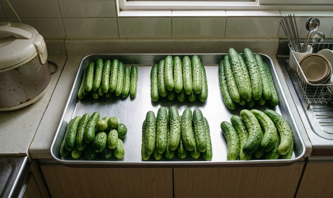 길이와 굵기가 비슷한 오이를 쟁반에 나눠 놓은 장면 