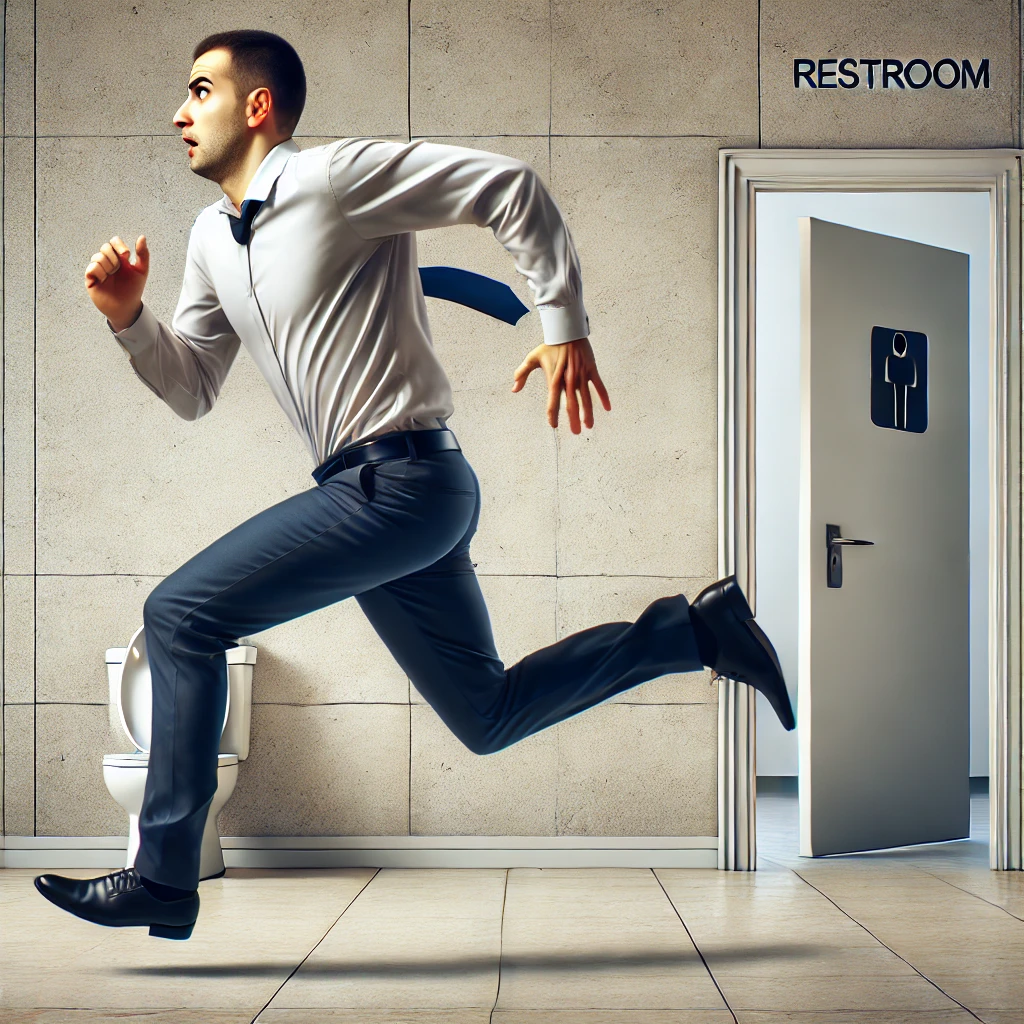절박성 요실금으로 화장실로 뛰어가는 남자 이미지