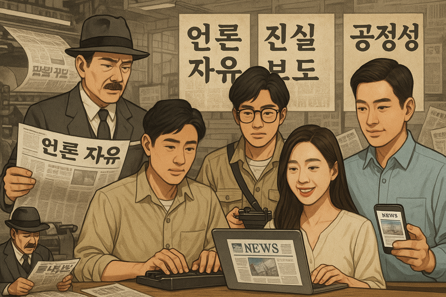 언론 변천사를 잇는 세대별 기자들의 모습