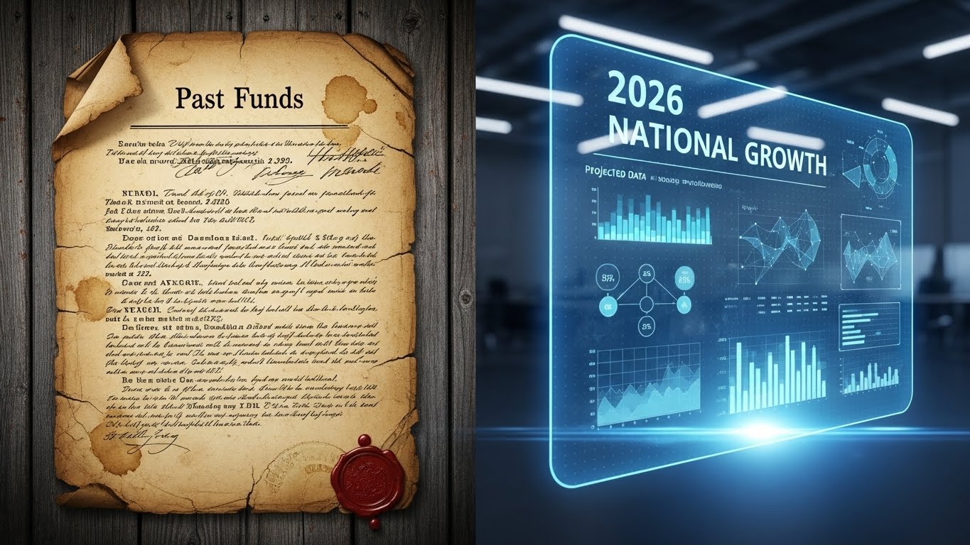 A split-screen comparison image on the left, an old document labeled 'Past Funds', on the right, a modern holographic interface labeled '2026 National Growth', highlighting innovation.