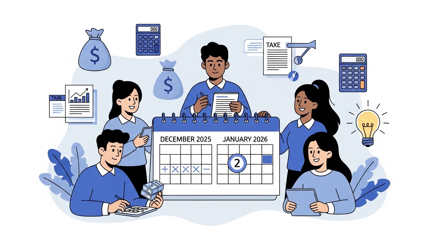 웃는 사람들이 달력과 돈, 서류 앞에서 연말정산을 쉽고 명확하게 이해하는 모습을 담은 친근한 일러스트. 2026년 연말정산 절세 팁을 나타냅니다.