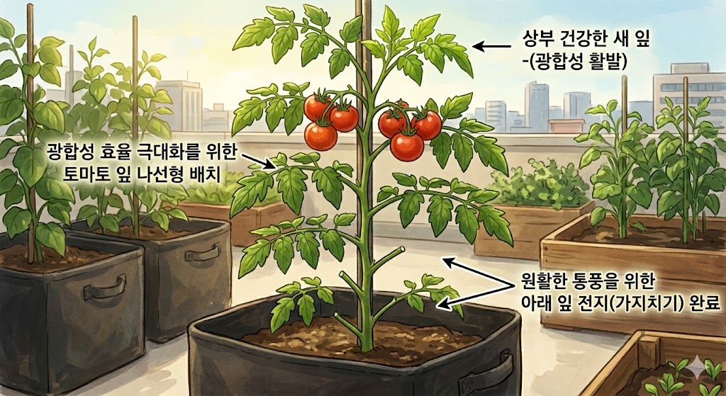 토마토 줄기를 중심으로 잎들이 겹치지 않게 사방으로 배치되어 햇빛을 충분히 받는 모습과 하엽을 정리하여 통풍을 개선한 상태를 보여주는 삽화