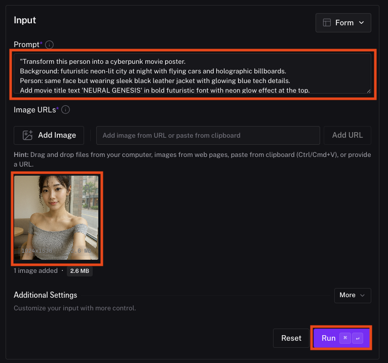 fal-ai 사이트에서 프롬프트와 이미지 넣는 화면