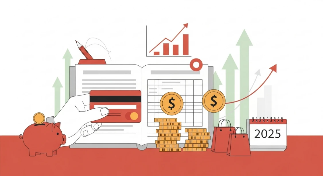 2025년 연말정산 카드 소득공제 혜택을 시각적으로 표현한 일러스트: 카드와 동전이 놓여 있고, 절세 효과를 나타내는 상승 그래프가 배경에 있다.