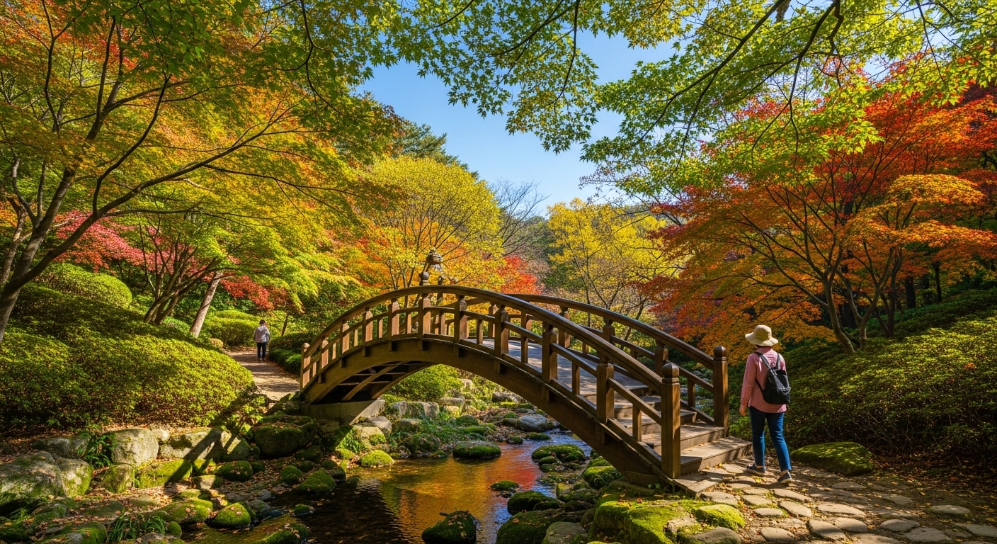 화담숲의 아름다운 자작나무 숲길을 따라 걷는 한 사람의 뒷모습, 주변의 하얀 나무들이 인상적이다