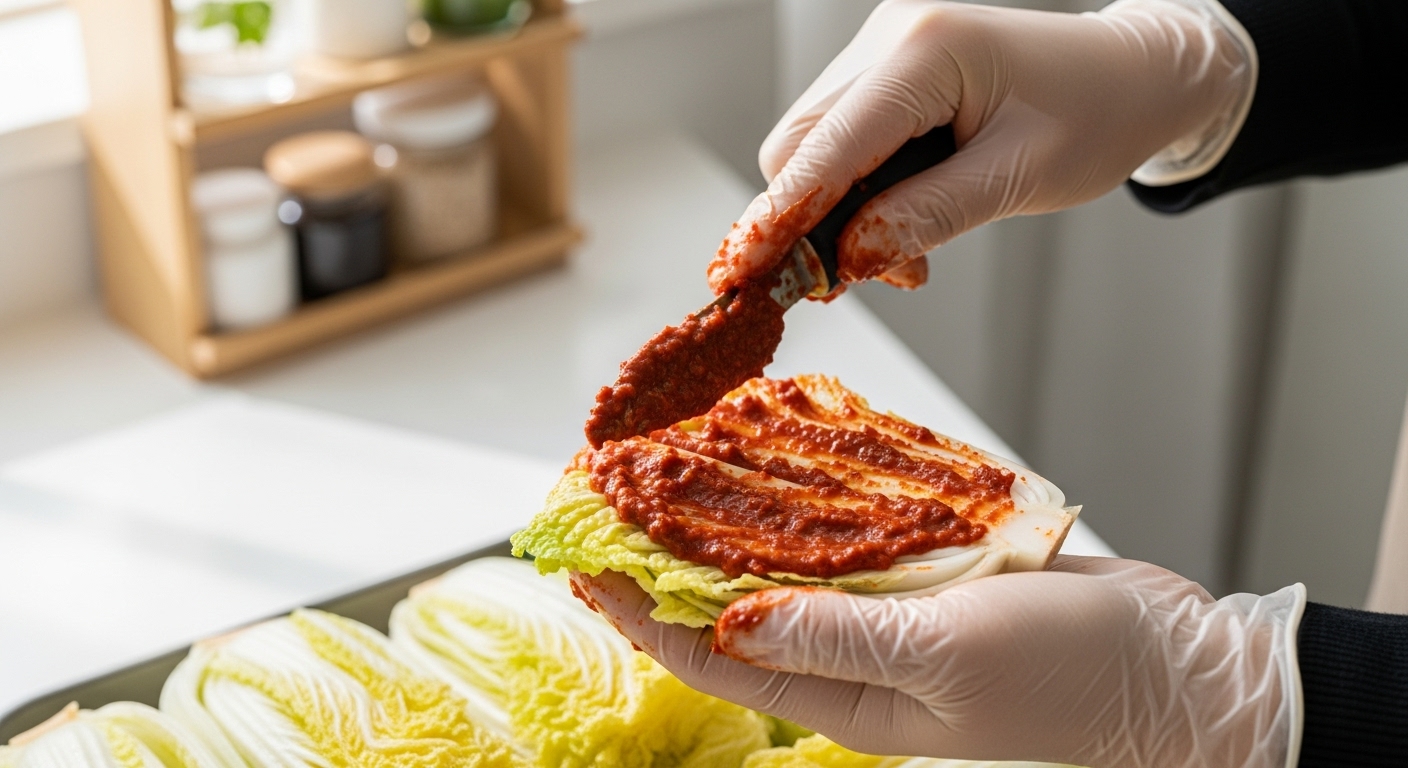 잘 절여진 배추 잎 사이사이에 빨간 김치 양념을 골고루 버무리고 있는 손의 모습