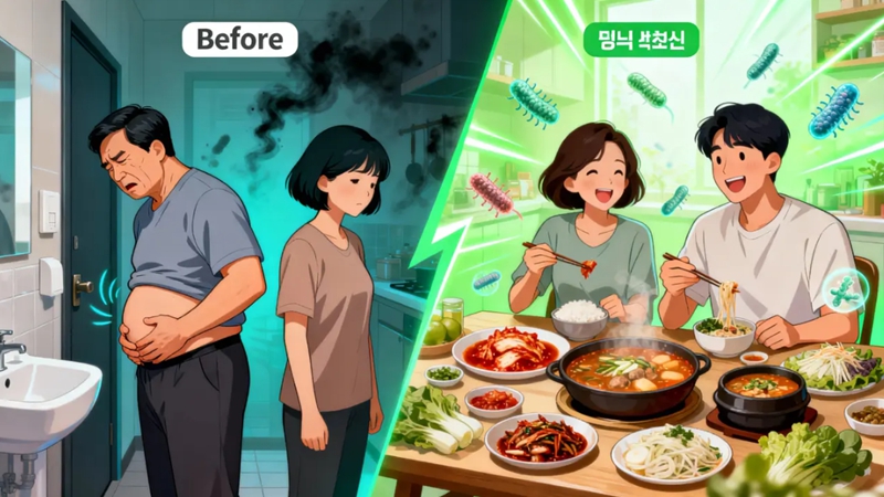 변비로 고통받던 중장년 남녀가 김치, 된장, 막걸리 등 K-푸드를 섭취하며 쾌변과 장 건강을 되찾는 Before/After 모습. 변비 탈출과 장 유익균.