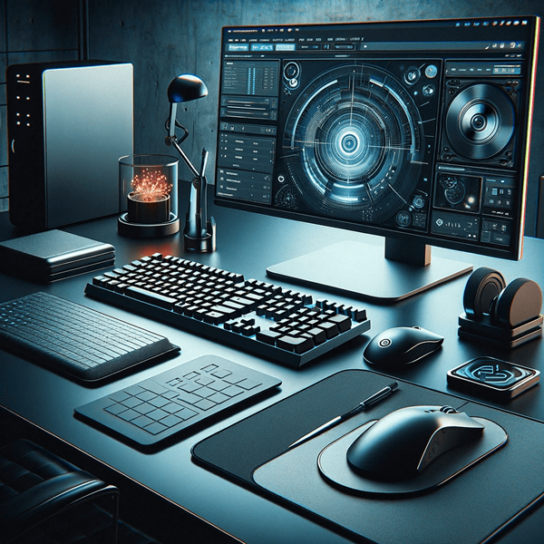 고성능 컴퓨터 앞에 놓인 여러가지 액세서리