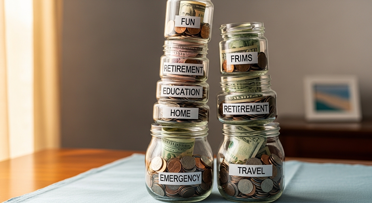 비상금, 여행, 미래 등 목표별로 돈을 나누어 저축하는 모습을 상징하는 다양한 저금통.