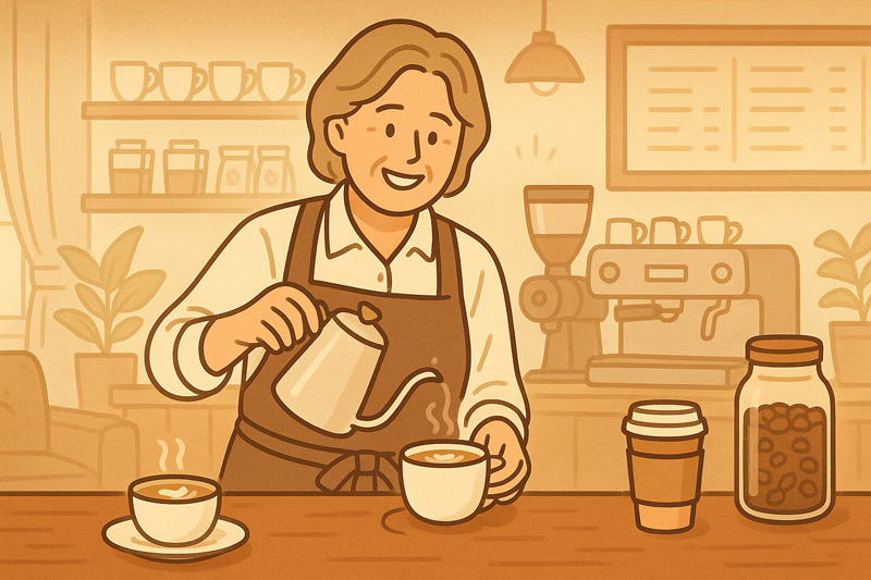 50대 여성이 카페에서 커피를 내리는 모습, 바리스타 자격증 실습 장면